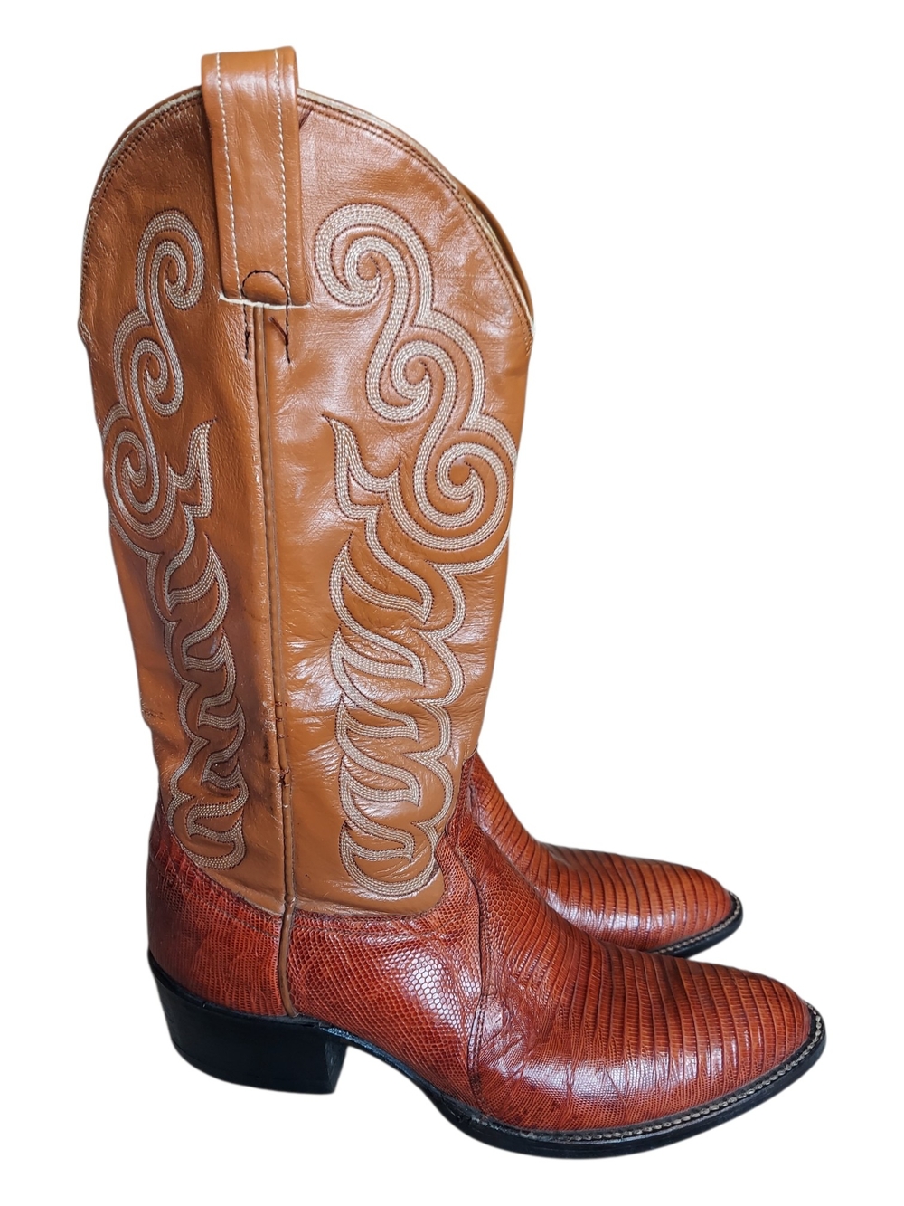 Vintage Cowtown USA Brown Tan Teju Lizard Leather Embroidered Cowboy Boots